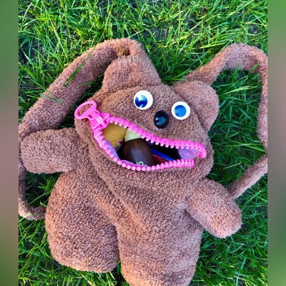 Handmade Knit Lined Fuzzy Bear Bunny Zipper Mouth Googly Eyes Backpack Bag OOAK - Picture 4 of 16